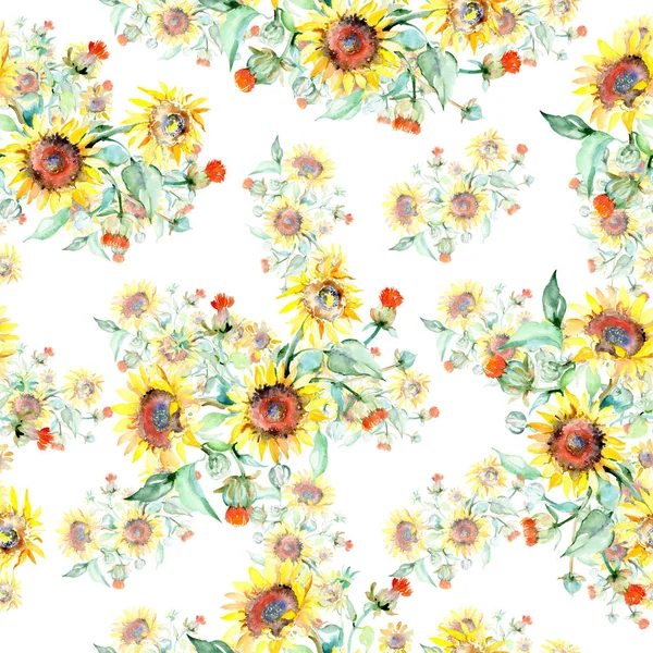Fiori botanici floreali gialli girasole. Acquerello sfondo illustrazione set. Modello di sfondo senza soluzione di continuità . — Foto Stock