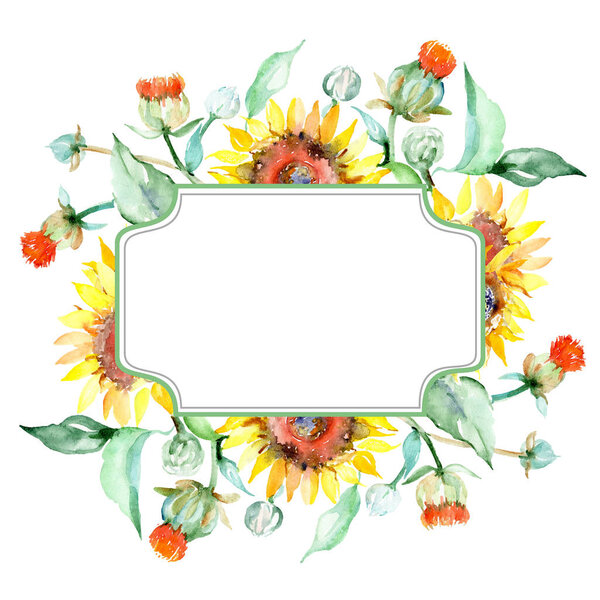 Yellow sunflower floral botanical flowers. Watercolor background illustration set. Frame border ornament square.