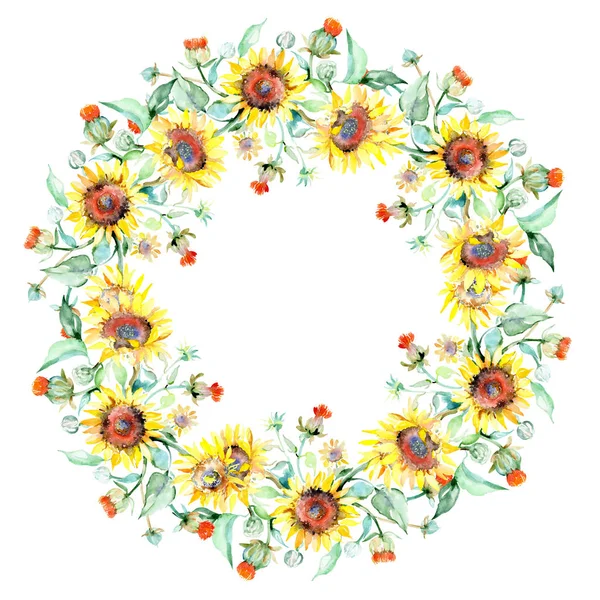 Fiori botanici floreali gialli girasole. Acquerello sfondo illustrazione set. Quadrato ornamento bordo cornice . — Foto Stock