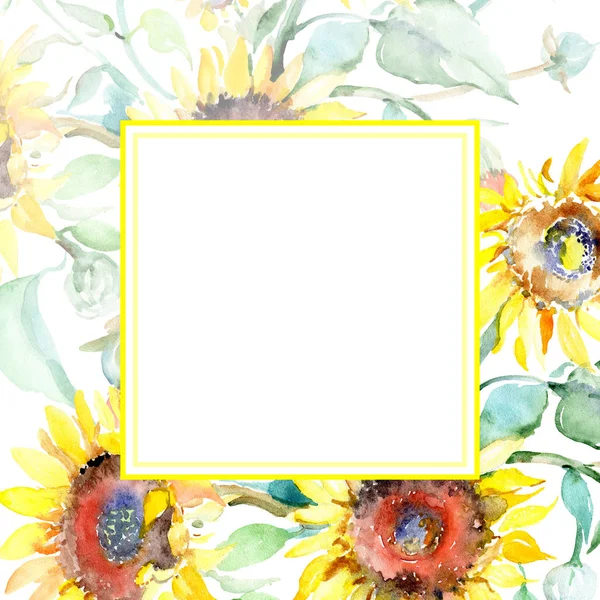 Gula solros blommor botaniska blommor. Akvarell bakgrund illustration uppsättning. Ram kant prydnad kvadrat. — Stockfoto
