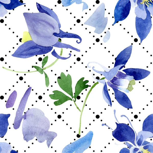 Azul aquilegia flores botánicas florales. Conjunto de ilustración de fondo acuarela. Patrón de fondo sin costuras . — Foto de Stock