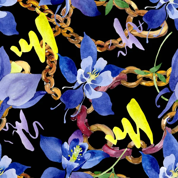 青いアクイレジア花の植物の花。●水彩背景イラストセット。シームレスな背景パターン. — ストック写真