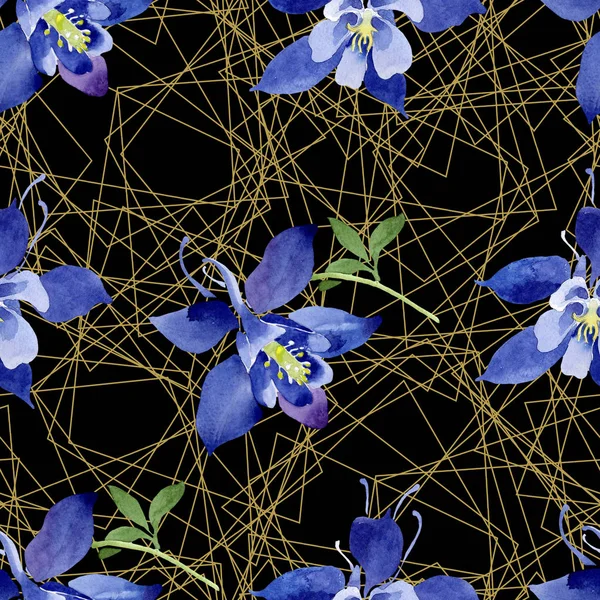 Mavi aquilegia çiçek botanik çiçekler. Suluboya arka plan illüstrasyon seti. Kesintisiz arka plan deseni. — Stok fotoğraf