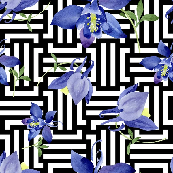 Blue aquilegia floral botanical flowers. Watercolor background illustration set. Seamless background pattern. — Stock Photo, Image