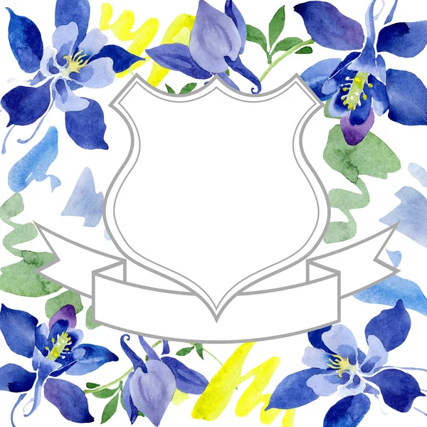 Azul aquilegia flores botánicas florales. Conjunto de ilustración de fondo acuarela. Marco borde ornamento cuadrado . — Foto de Stock