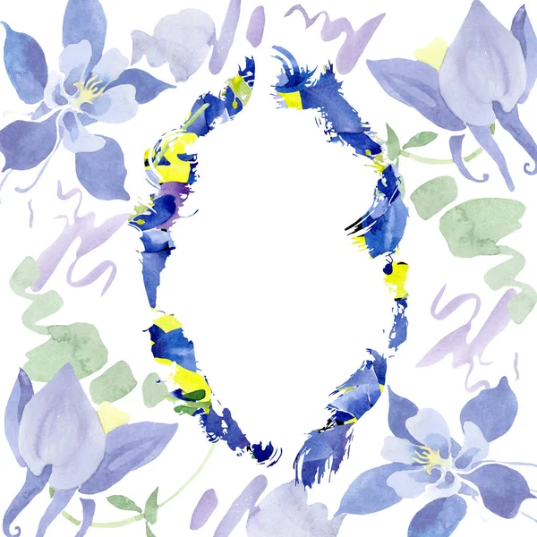 Modré Aquilegia květinové botanické květy. Vodný obrázek pozadí-barevný. Orámovaná hranatá hranice. — Stock fotografie