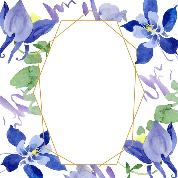 Blauwe Aquilegia Floral botanische bloemen. Aquarel achtergrond illustratie instellen. Frame rand ornament vierkant. — Stockfoto