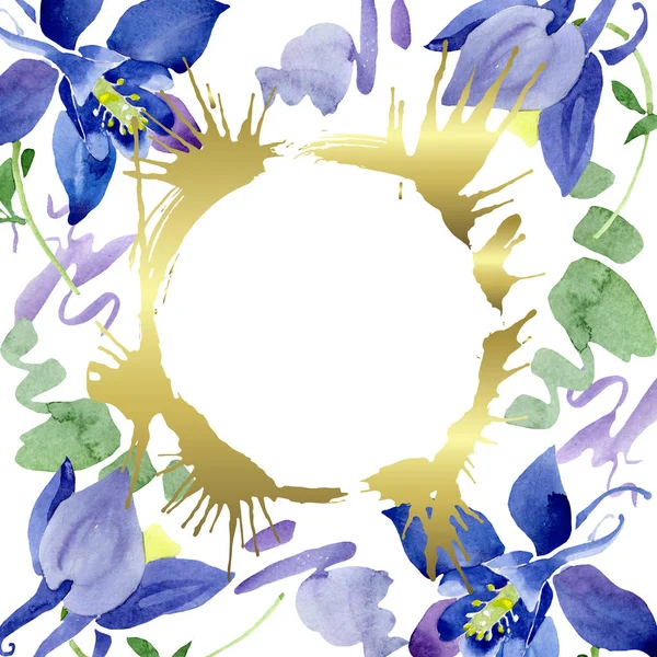 Azul aquilegia flores botánicas florales. Conjunto de ilustración de fondo acuarela. Marco borde ornamento cuadrado . — Foto de Stock