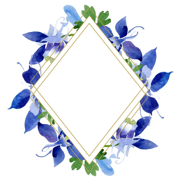 Blaue Aquilegien mit botanischen Blüten. Aquarell Hintergrundillustration Set. Rahmen Rand Ornament Quadrat. — Stockfoto