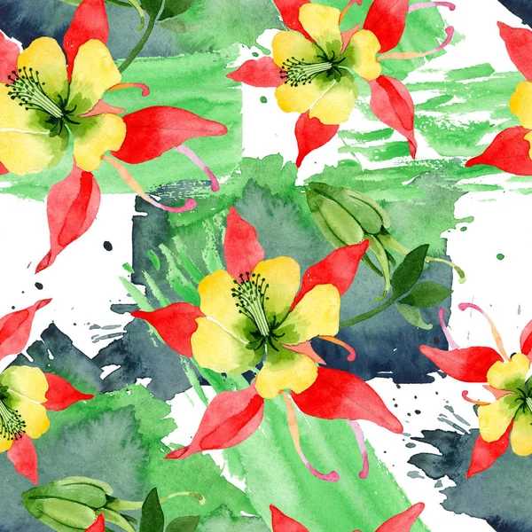 Rode Aquilegia Floral botanische bloemen. Aquarel achtergrond illustratie instellen. Naadloos achtergrond patroon. — Stockfoto