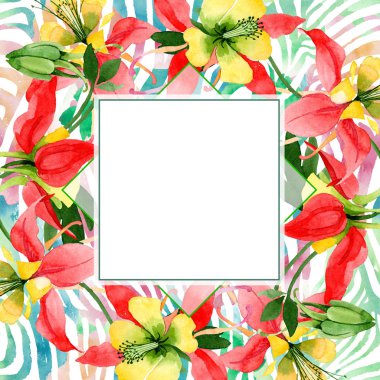 Kırmızı aquilegia çiçek botanik çiçekler. Suluboya arka plan illüstrasyon seti. Çerçeve kenarlık süs karesi.