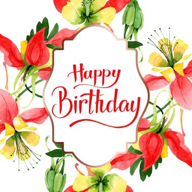 Kırmızı aquilegia çiçek botanik çiçekler. Suluboya arka plan illüstrasyon seti. Çerçeve kenarlık süs karesi.