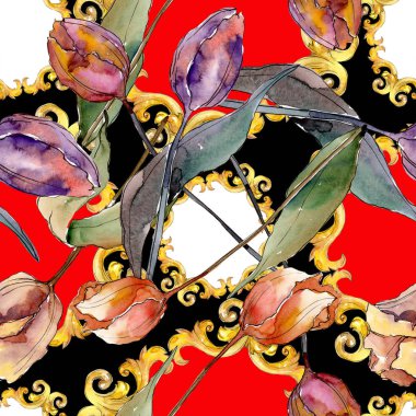 Kırmızı mor lale çiçek botanik çiçekler. Suluboya arka plan illüstrasyon seti. Kesintisiz arka plan deseni.