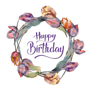 Kırmızı mor lale çiçek botanik çiçekler. Suluboya arka plan illüstrasyon seti. Çerçeve kenarlık süs karesi.