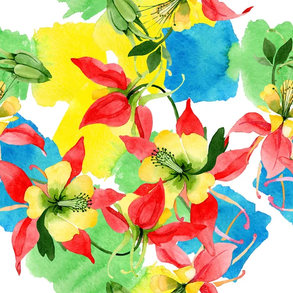 빨간 aquilegia 꽃 식물 꽃입니다. 수채화 배경 일러스트 세트입니다. 원활한 배경 패턴. — 스톡 사진