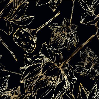 Vektör Lotus çiçek botanik çiçekler. Siyah ve beyaz oyulmuş mürekkep sanatı. Kesintisiz arka plan deseni.