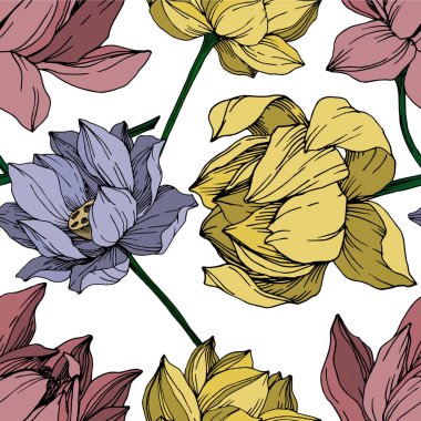 Vektör Lotus çiçek botanik çiçekler. Siyah ve beyaz oyulmuş mürekkep sanatı. Kesintisiz arka plan deseni.
