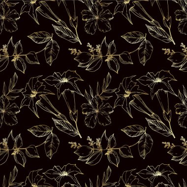 Vektör Tropikal çiçekler ve izole yaprakları. Siyah ve beyaz oyulmuş mürekkep sanatı. Kesintisiz arka plan deseni.