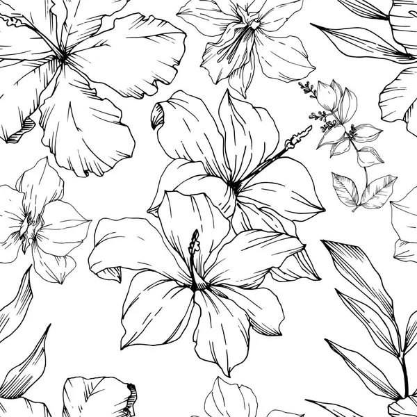 Vector Tropical flowers and leaves isolated. Black and white engraved ink art. Seamless background pattern. — Stock Vector