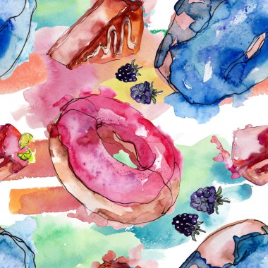 Suluboya tarzında lezzetli kek. Suluboya illüstrasyon seti. Kesintisiz arka plan deseni.