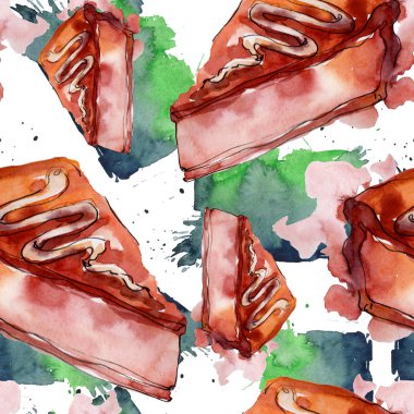 Suluboya tarzında lezzetli kek. Suluboya illüstrasyon seti. Kesintisiz arka plan deseni.