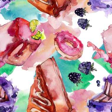 Suluboya tarzında lezzetli kek. Suluboya illüstrasyon seti. Kesintisiz arka plan deseni.