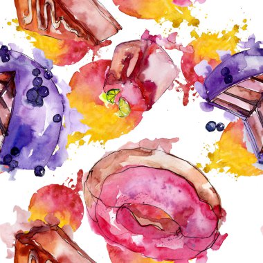 Suluboya tarzında lezzetli kek. Suluboya illüstrasyon seti. Kesintisiz arka plan deseni.