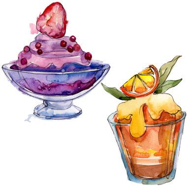 Sulu Boya stilinde lezzetli dondurma. Aquarelle şekerli tatlı şekilde ayarlayın. İzole tatlılar arka plan öğesi.