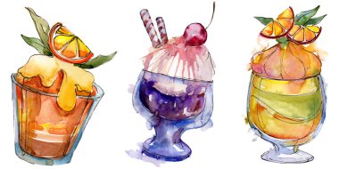 Sulu Boya stilinde lezzetli dondurma. Aquarelle şekerli tatlı şekilde ayarlayın. İzole tatlılar arka plan öğesi.