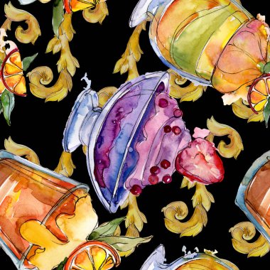 Sulu Boya stilinde lezzetli dondurma. Aquarelle şekerli tatlı şekilde ayarlayın. Sorunsuz arka plan deseni.