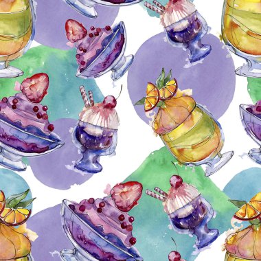 Sulu Boya stilinde lezzetli dondurma. Aquarelle şekerli tatlı şekilde ayarlayın. Sorunsuz arka plan deseni.