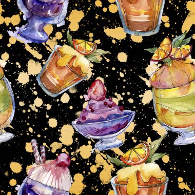 Sulu Boya stilinde lezzetli dondurma. Aquarelle şekerli tatlı şekilde ayarlayın. Sorunsuz arka plan deseni.