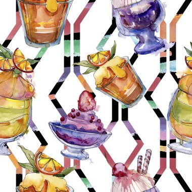 Sulu Boya stilinde lezzetli dondurma. Aquarelle şekerli tatlı şekilde ayarlayın. Sorunsuz arka plan deseni.