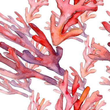 Kırmızı su altı doğa mercan resifi. Suluboya arka plan illüstrasyon seti. Kesintisiz arka plan deseni.