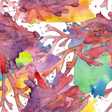 Kırmızı su altı doğa mercan resifi. Suluboya arka plan illüstrasyon seti. Kesintisiz arka plan deseni.