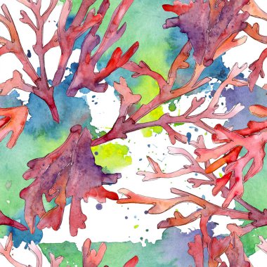 Kırmızı su altı doğa mercan resifi. Suluboya arka plan illüstrasyon seti. Kesintisiz arka plan deseni.