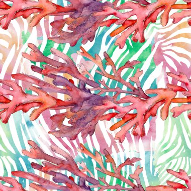 Kırmızı su altı doğa mercan resifi. Suluboya arka plan illüstrasyon seti. Kesintisiz arka plan deseni.