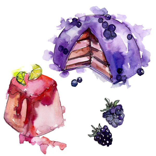 수채화 스타일의 맛있는 케이크. 배경 그림 세트입니다. 수채화 드로잉 패션 아쿠아렐 고립. — 스톡 사진