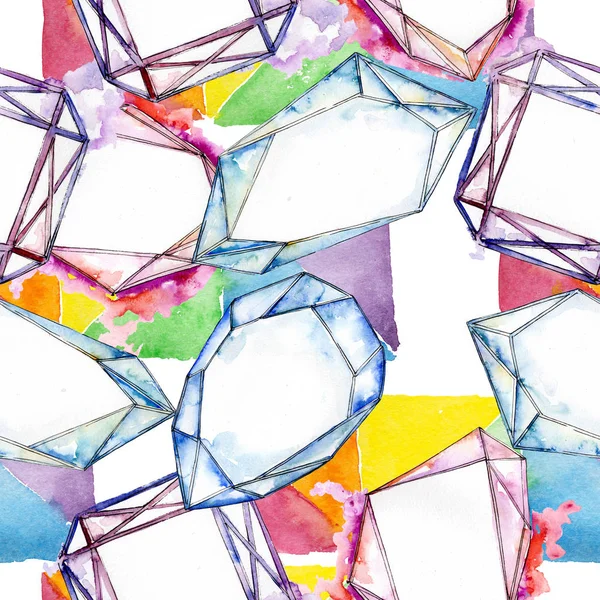 Colorful diamond rock jewelry minerals. Watercolor crystal stone background set. Seamless background pattern. — Stock Photo, Image