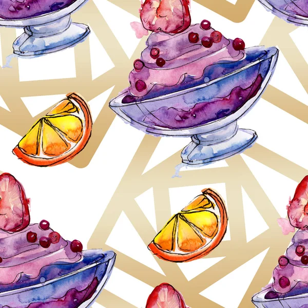 Sulu Boya stilinde lezzetli dondurma. Aquarelle şekerli tatlı şekilde ayarlayın. Sorunsuz arka plan deseni.