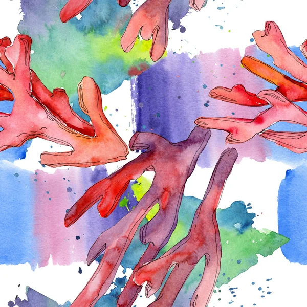 Kırmızı su altı doğa mercan resifi. Suluboya arka plan illüstrasyon seti. Kesintisiz arka plan deseni.