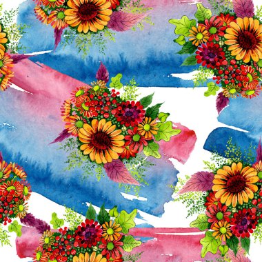 Buket çiçek botanik çiçek. Suluboya arka plan illüstrasyon seti. Kesintisiz arka plan deseni.