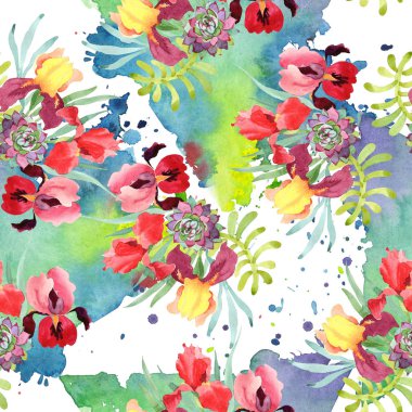 Buket çiçek botanik çiçek. Suluboya arka plan illüstrasyon seti. Kesintisiz arka plan deseni.