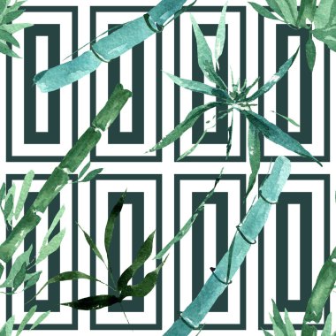 Bambu yeşil yaprakları ve sapları. Suluboya arka plan illüstrasyon seti. Kesintisiz arka plan deseni.