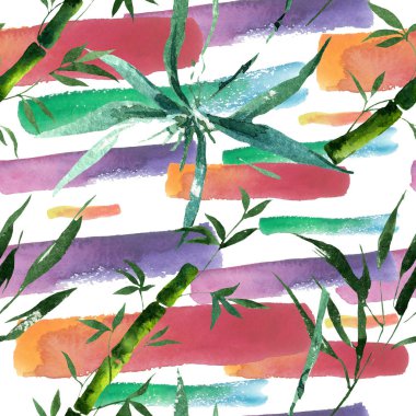 Bambu yeşil yaprakları ve sapları. Suluboya arka plan illüstrasyon seti. Kesintisiz arka plan deseni.