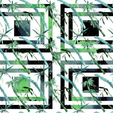 Bambu yeşil yaprakları ve sapları. Suluboya arka plan illüstrasyon seti. Kesintisiz arka plan deseni.