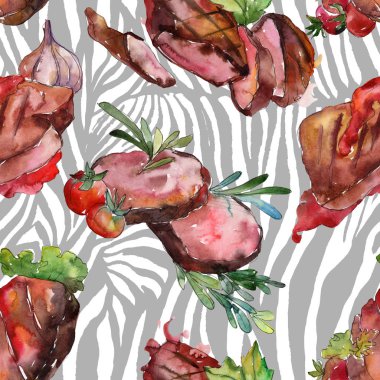 Izgara biftek lezzetli yemek. Suluboya arka plan illüstrasyon seti. Kesintisiz arka plan deseni.