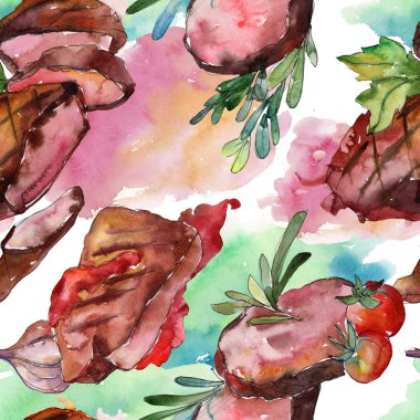 Izgara biftek lezzetli yemek. Suluboya arka plan illüstrasyon seti. Kesintisiz arka plan deseni.