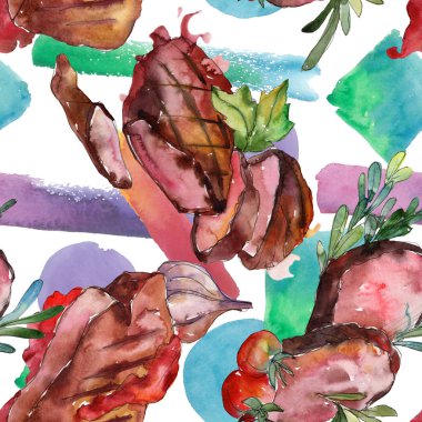 Izgara biftek lezzetli yemek. Suluboya arka plan illüstrasyon seti. Kesintisiz arka plan deseni.