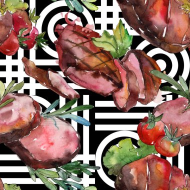 Izgara biftek lezzetli yemek. Suluboya arka plan illüstrasyon seti. Kesintisiz arka plan deseni.